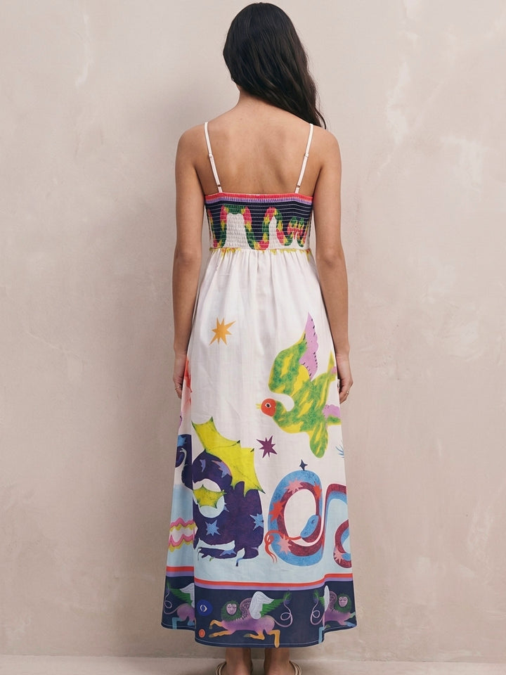 Off White Tropical Print Flared Maxi Dress