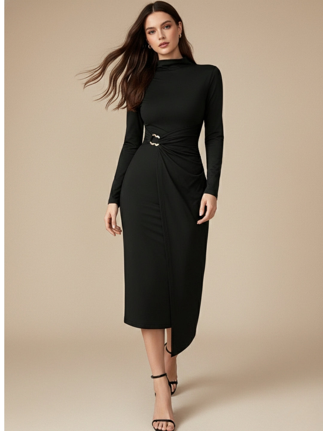Black High Neck Fitted Midi With Buckle Trim Detail