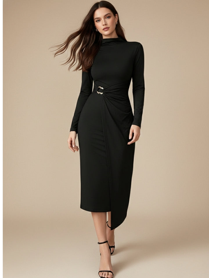 Black High Neck Fitted Midi With Buckle Trim Detail
