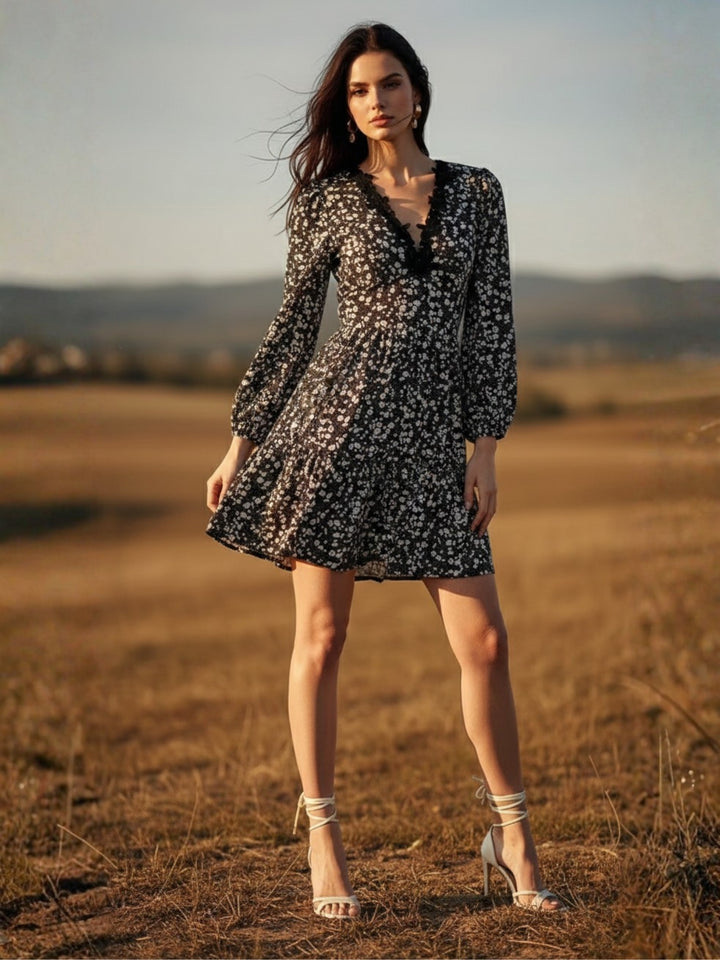 Black Printed Lace Detail Dress