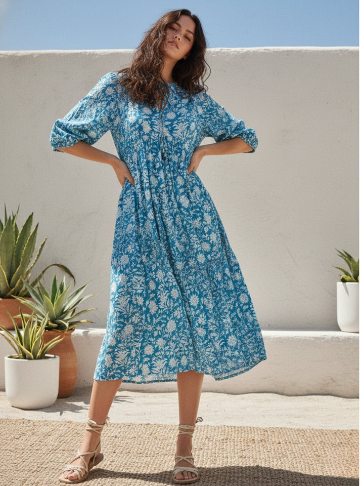 Blue Balloon Sleeve Printed Dress