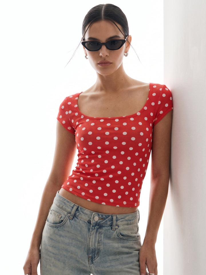 Red Scoop Neck Polka Dotted Top
