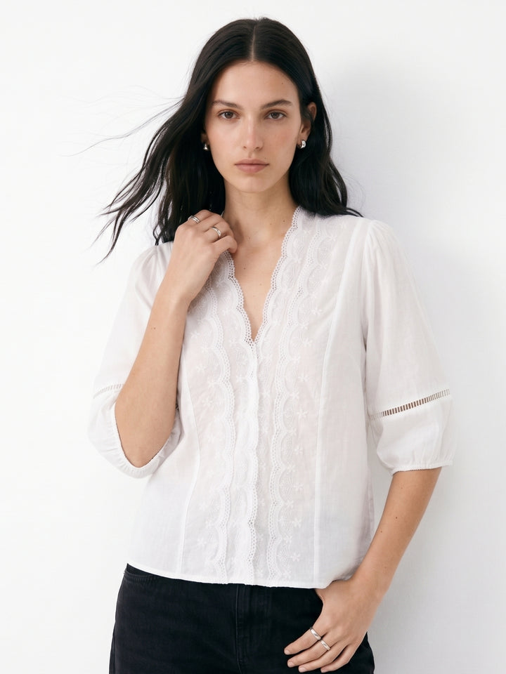 White Relaced Blouse With Sheer Lace Inserts