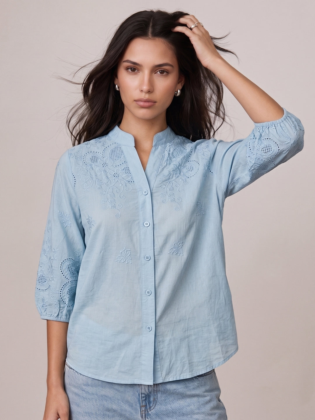 Light Blue Bishop Sleeve Front Buttoned Top