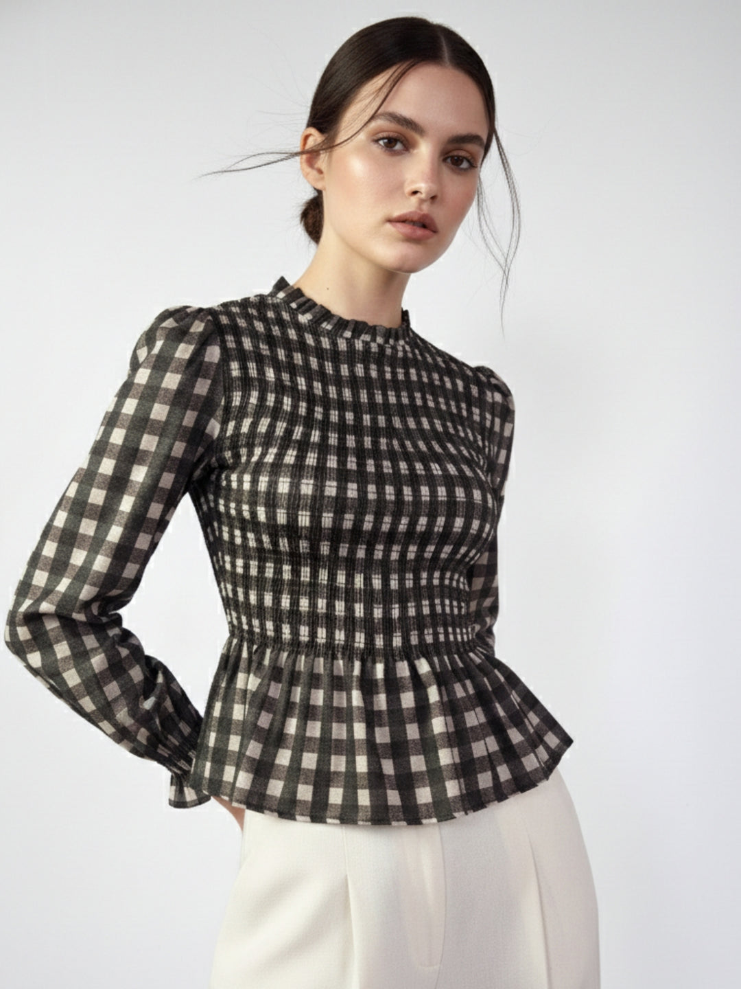 Black Smocked Bodice Checkered Top