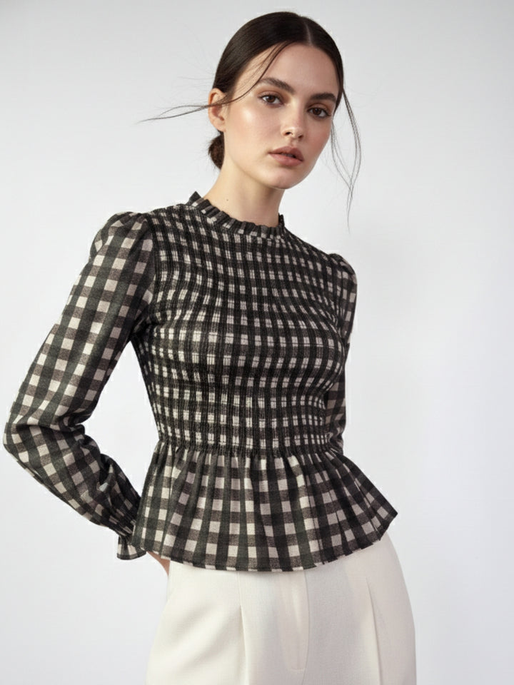 Black Smocked Bodice Checkered Top