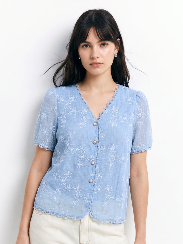 Blue Scallop Lace Neck Inserts Short Sleeve Relaxed Blouson Top