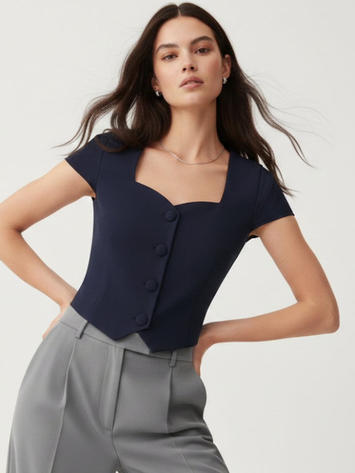 Blue Front Button Top