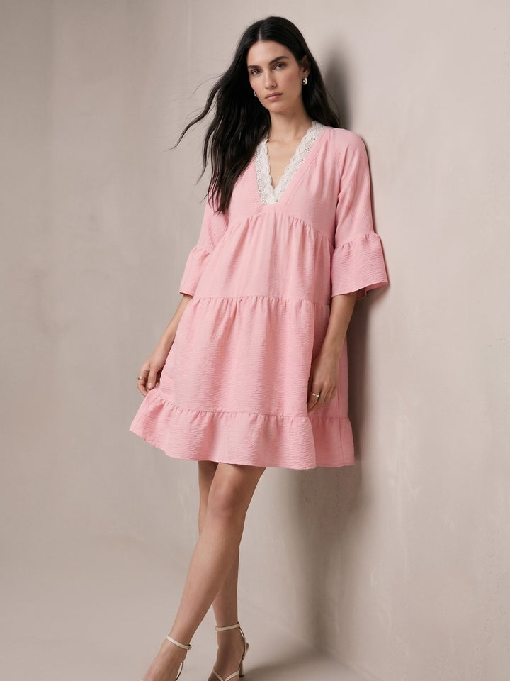 Pink Mini Tiered Dress With Lace Inserts At Neck