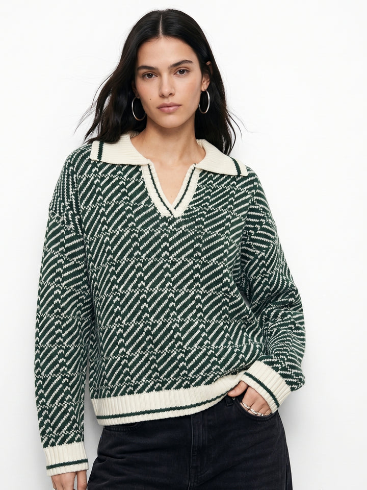 Green Geometric Jacquard Polo Sweater