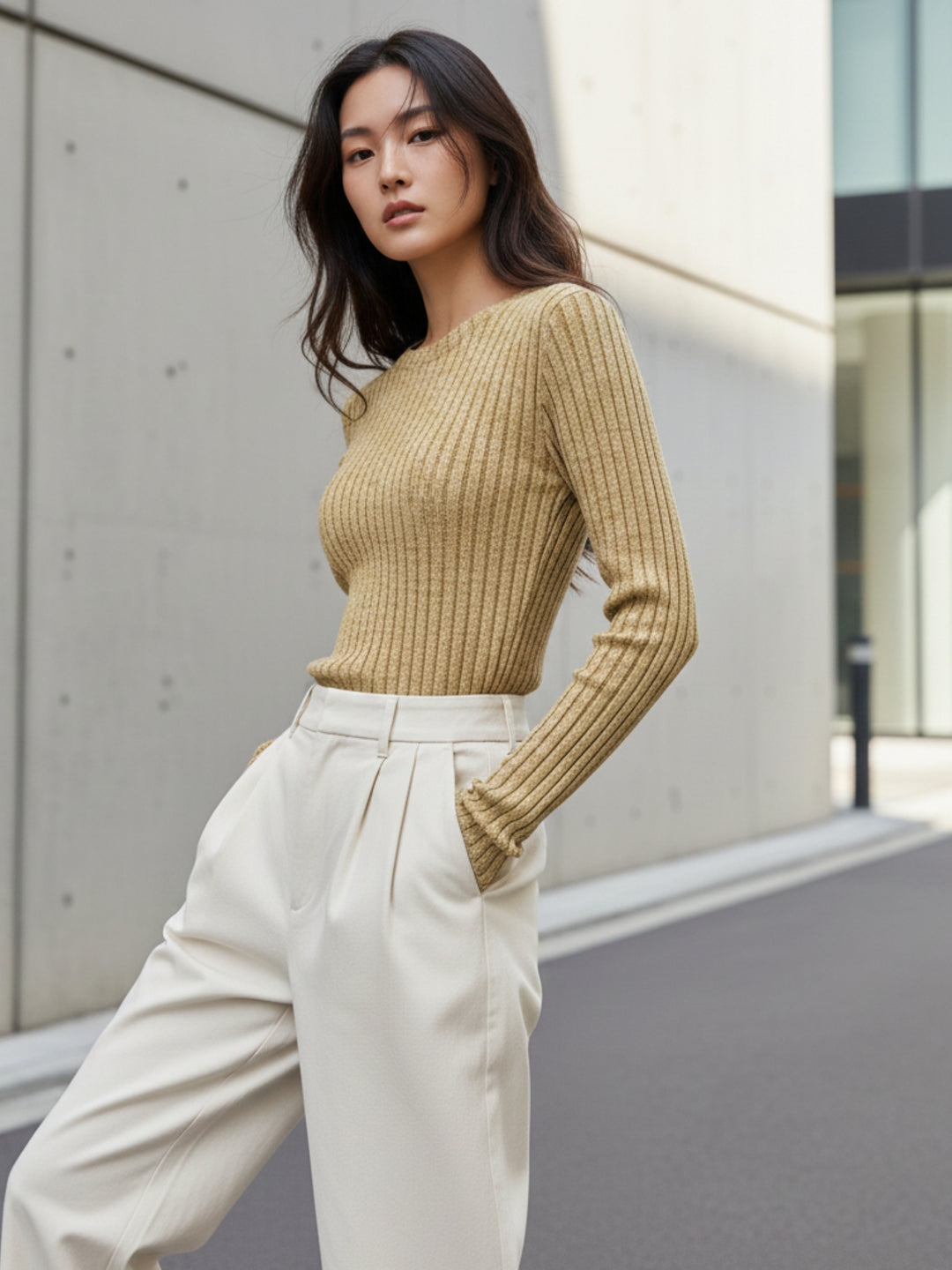 Tan Full Sleeve Crew Neck Fitted Top