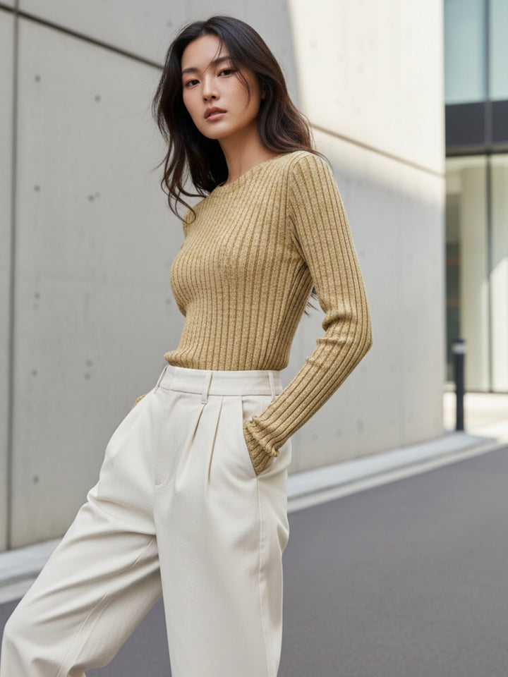 Tan Full Sleeve Crew Neck Fitted Top