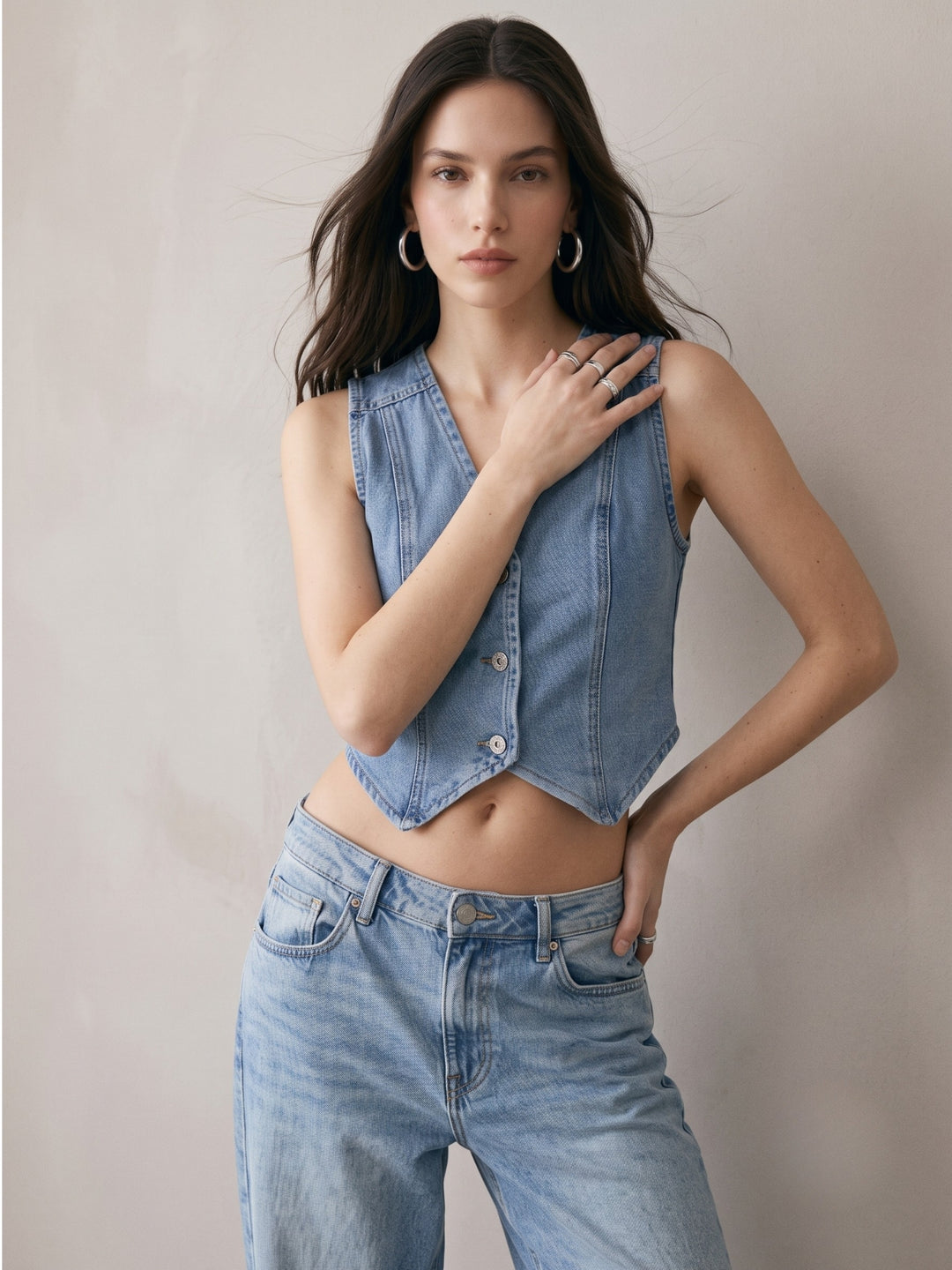 Blue V Neck Denim Top
