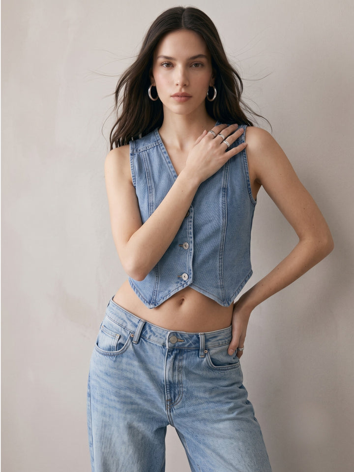 Blue V Neck Denim Top