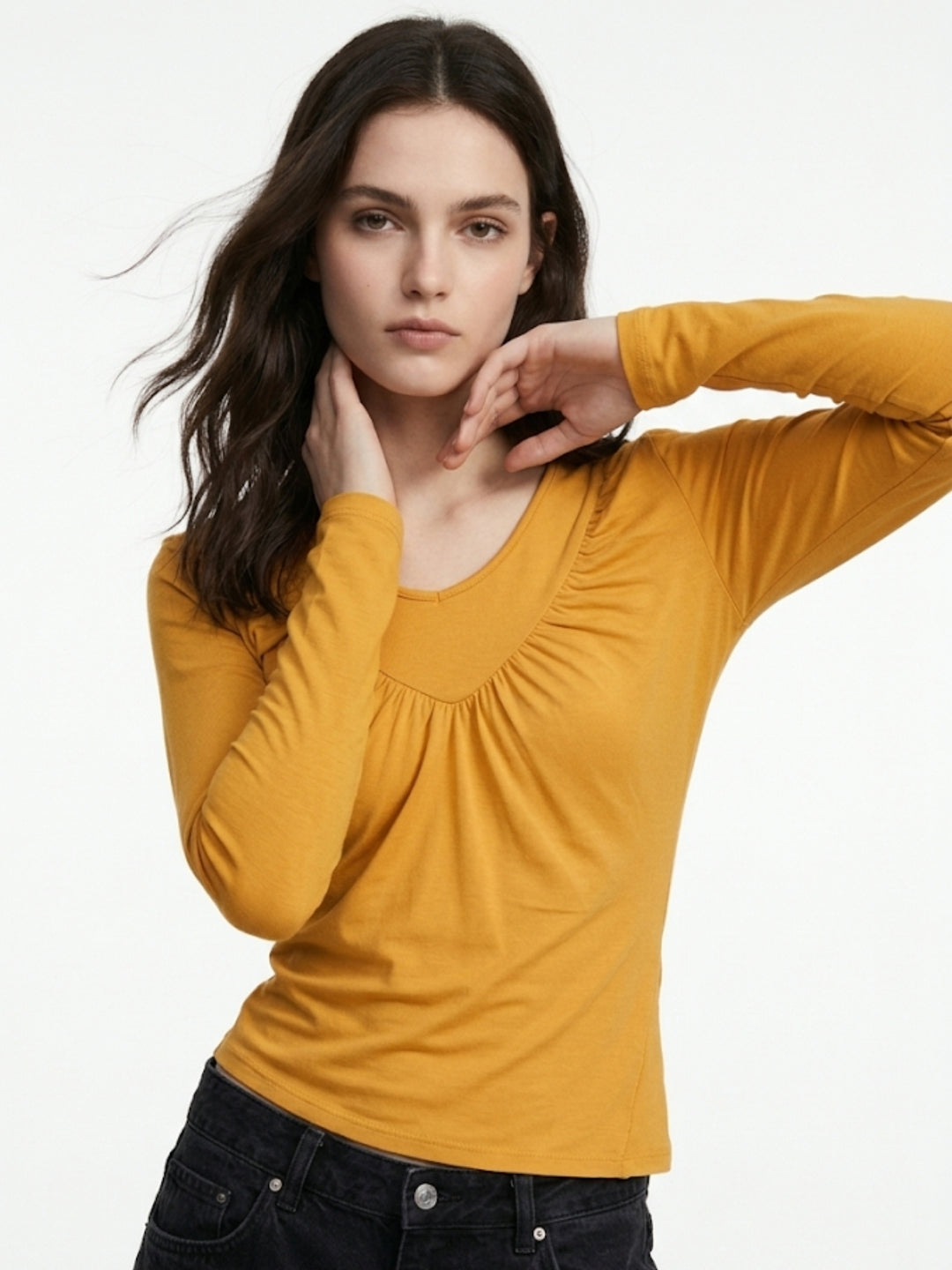 Yellow Full Sleeve Front Gathered Top