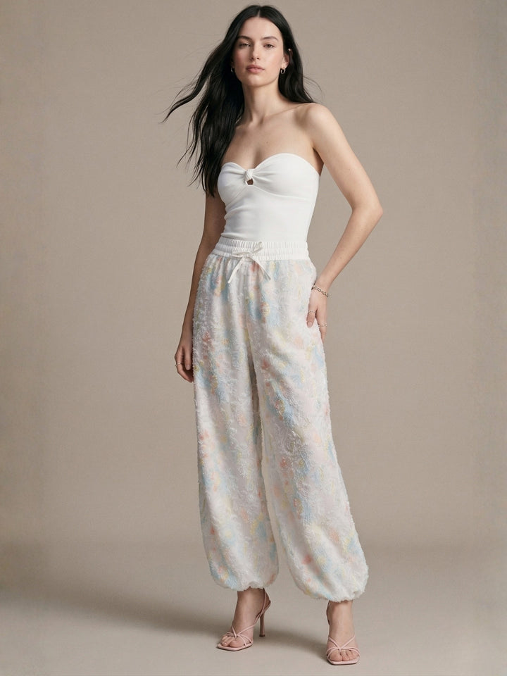White Floral Textured Printed Pant