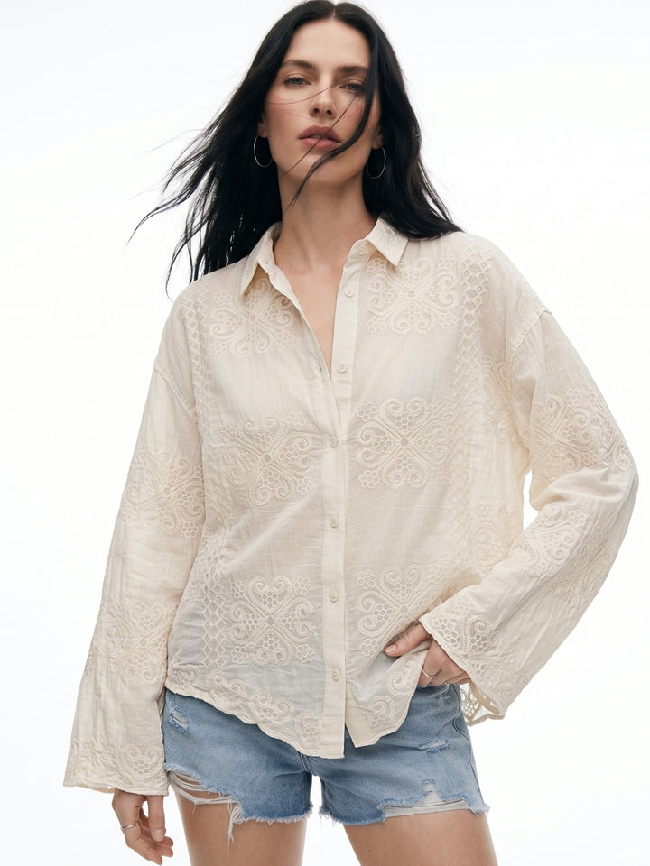 White Full Sleeve Scallop Hem Collared Semi Sheer Embroidered Shirts
