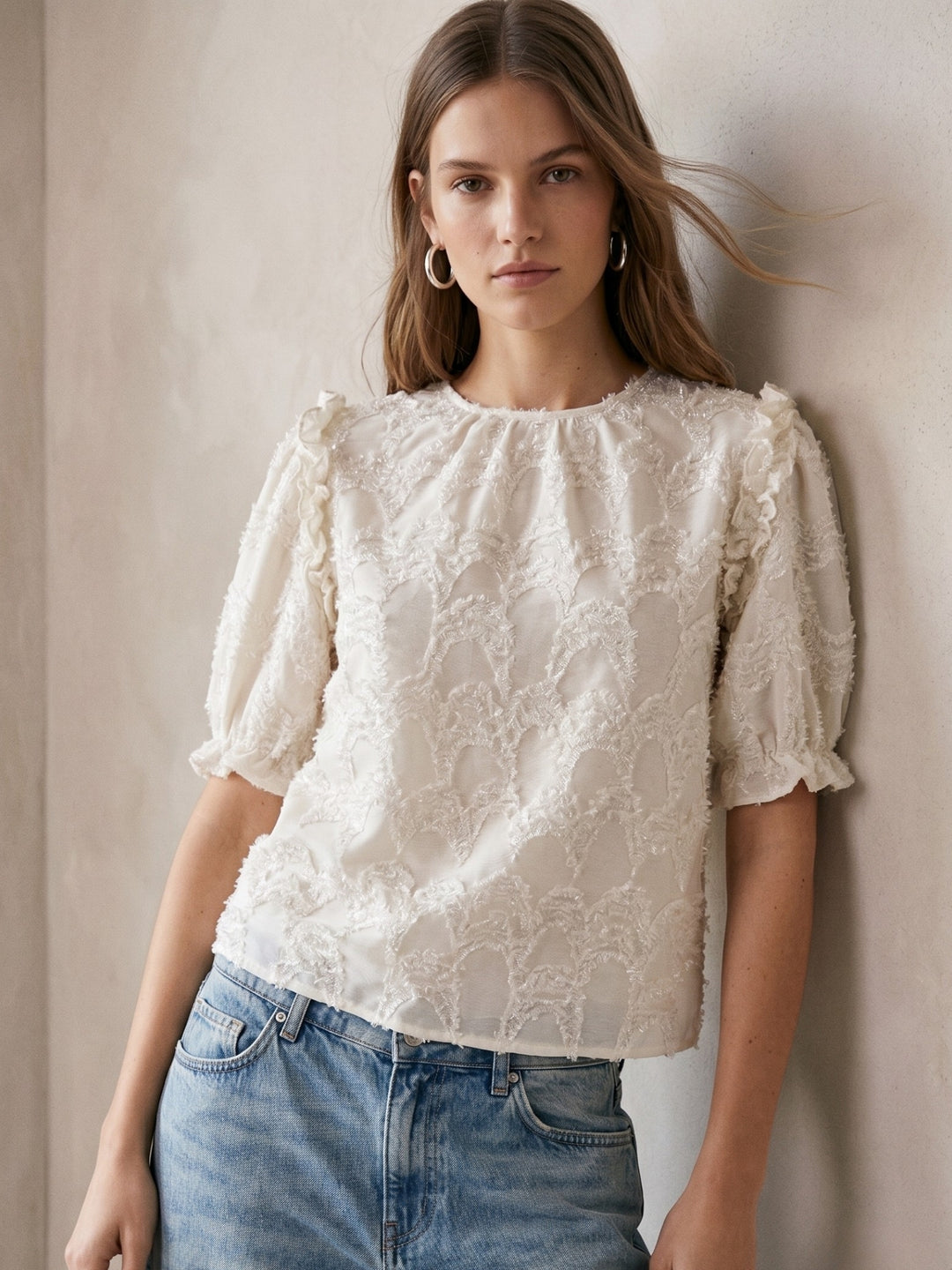 Off White Puff Sleeve Burn-Out Fabric Top