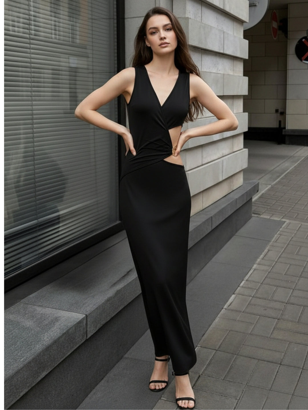 Black Plunge Neck Dress With Side Cut Out And Metal Detail