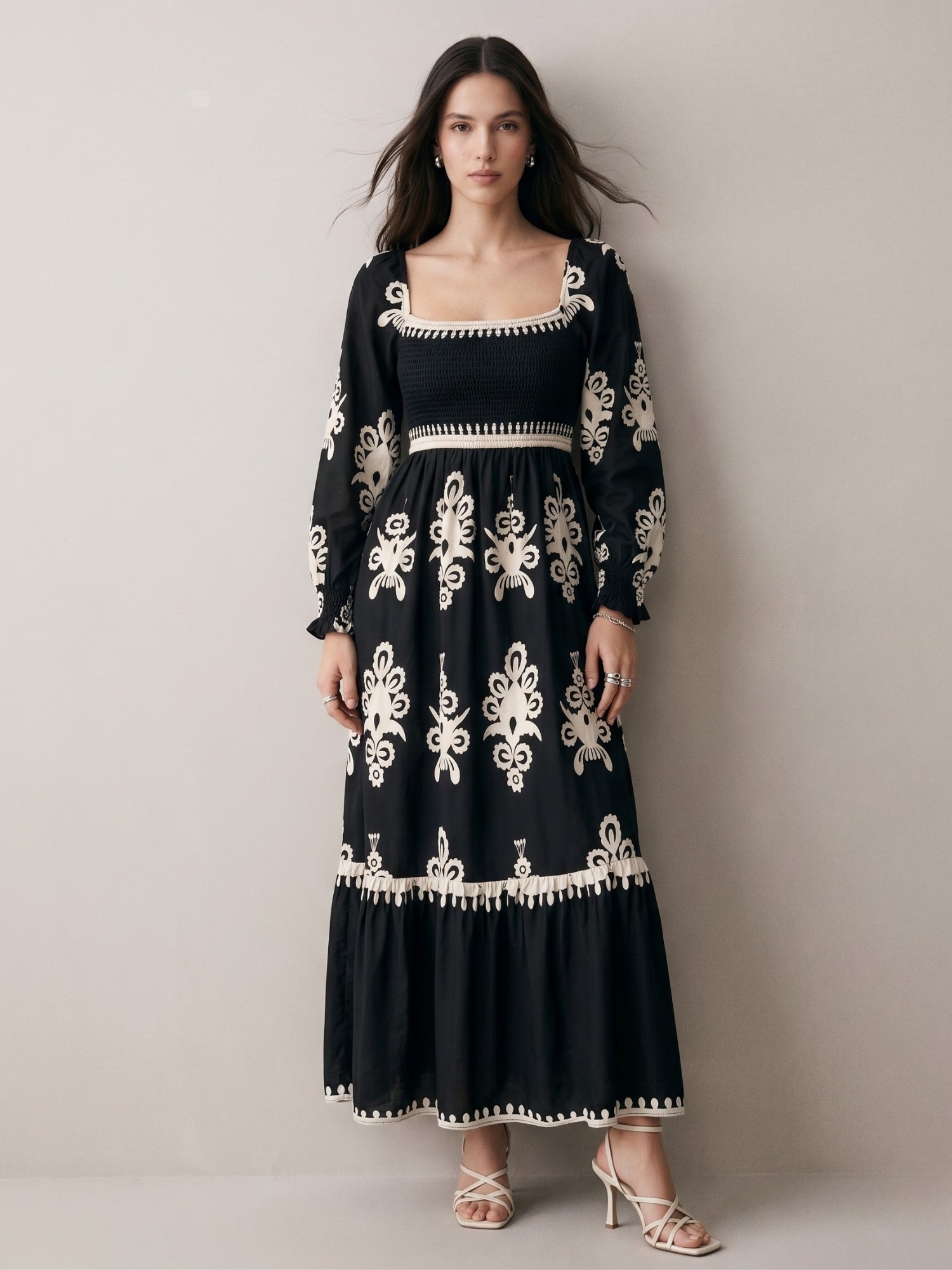 Black Bishop Sleeve Square Neck Printed Dress
