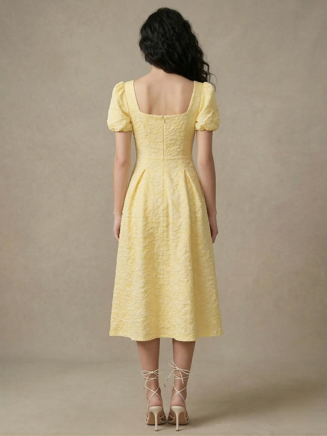 Yellow Puff Sleeve Textured Dress