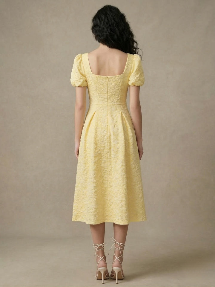 Yellow Puff Sleeve Textured Dress