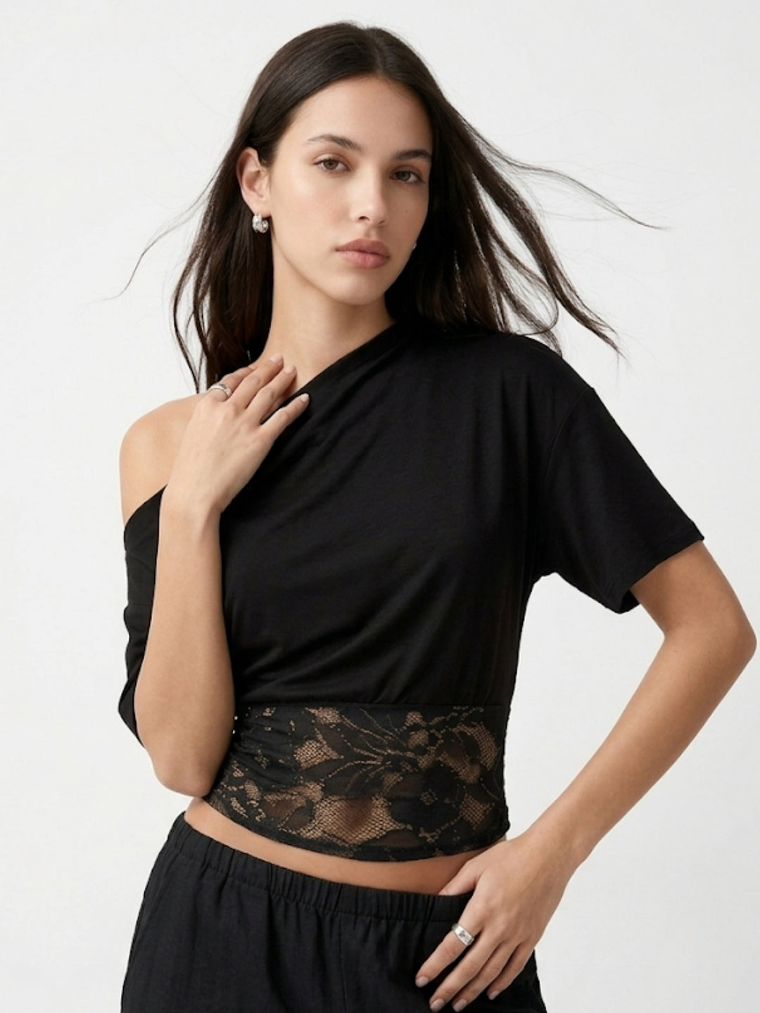 Black Twofer Style Off-Shoulder Top With Lace