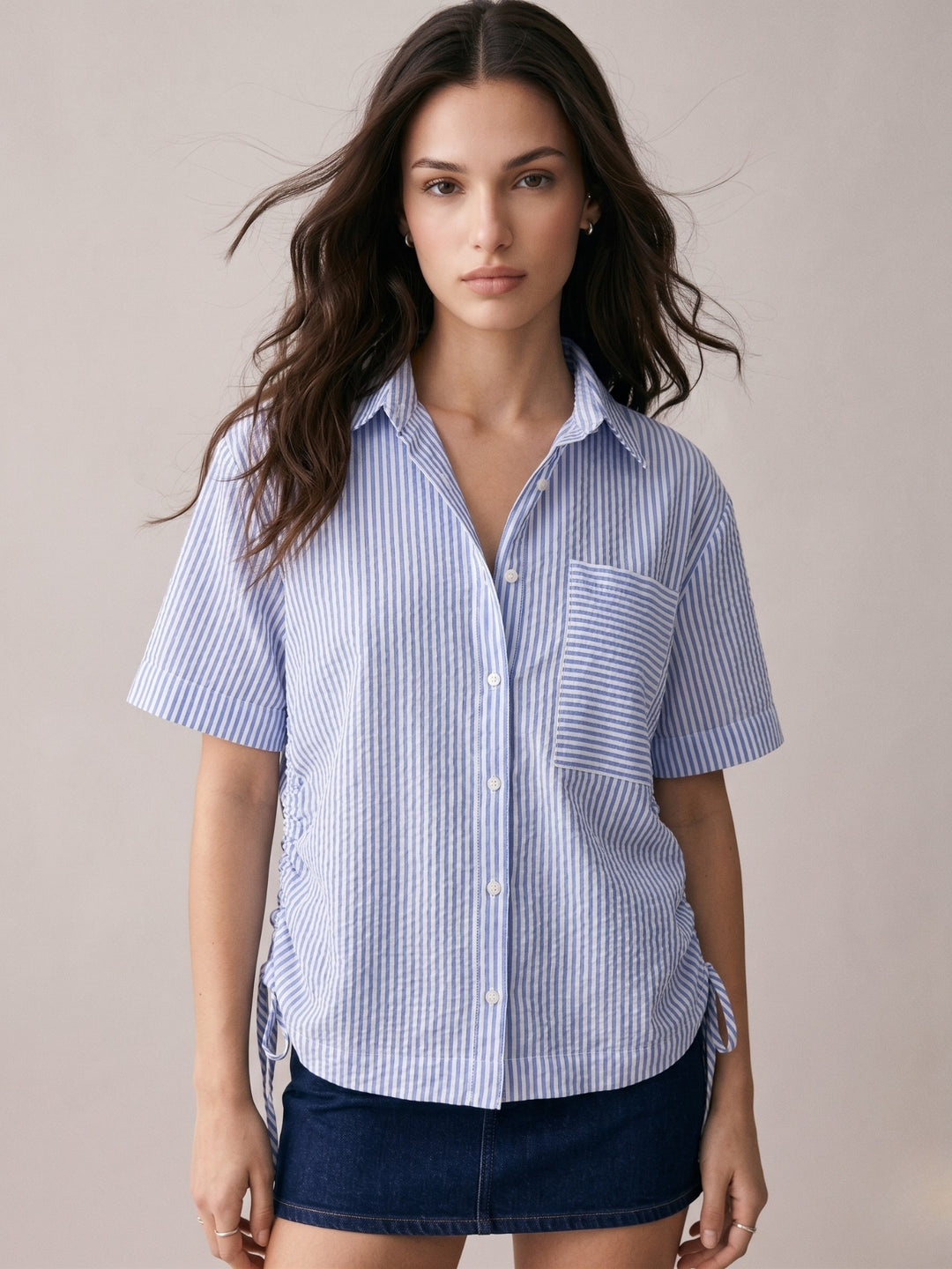 Dark Blue Boxy Shirt With Side Ruching Detail