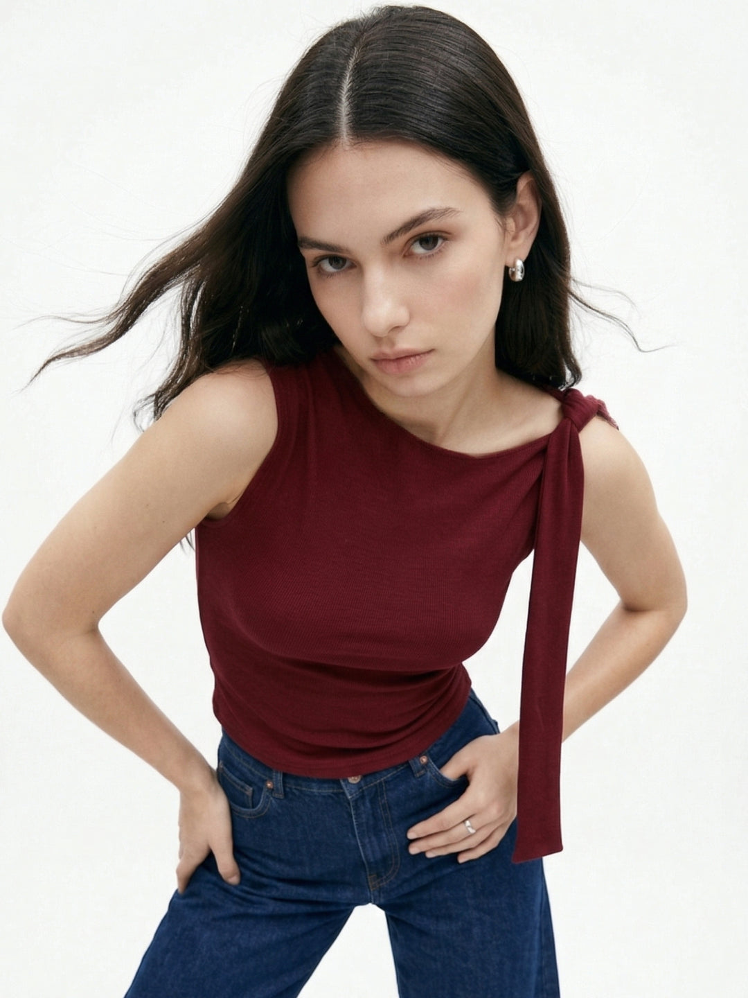 Maroon One Shoulder Tie Up Fitted Top