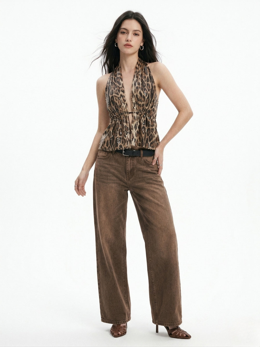 Brown Leopard Print Halter Neck Top