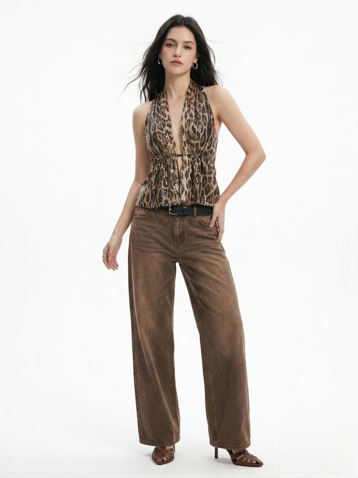 Brown Leopard Print Halter Neck Top