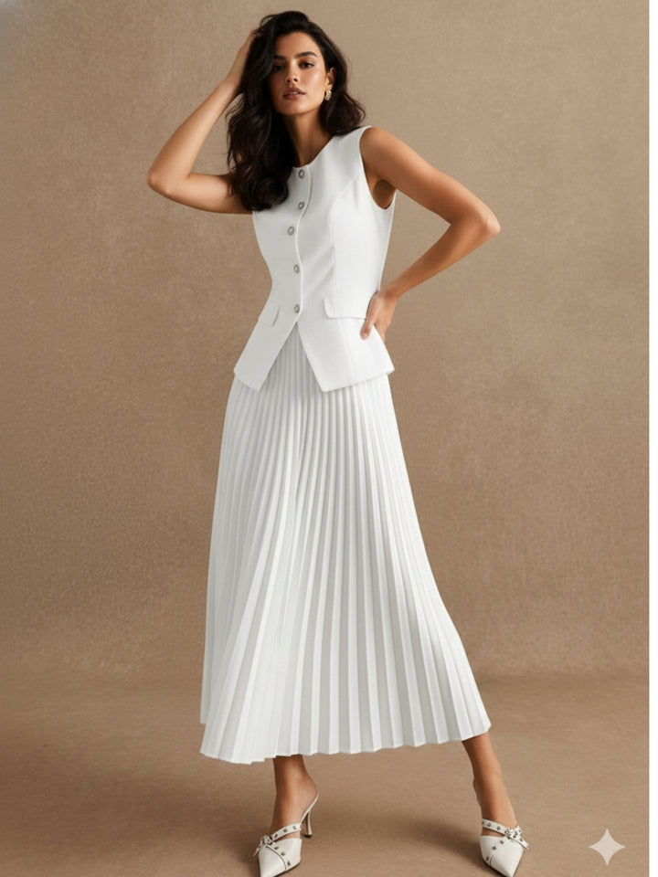 White Sleeveless Fitted Vest & Pleated Skirt Set