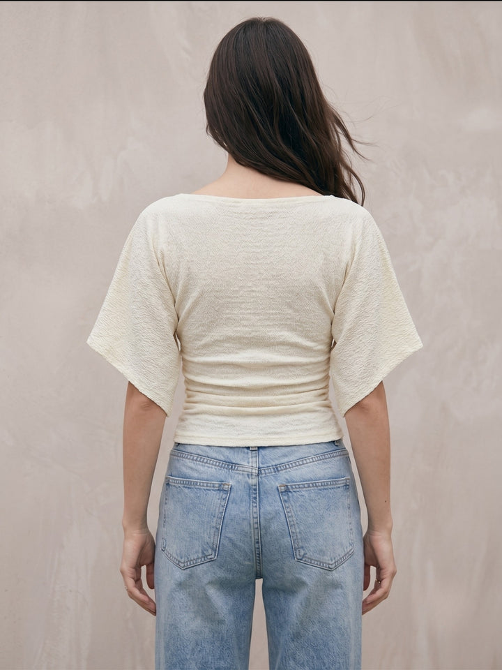 Cream Flutter Sleeved Cinched Waist Top