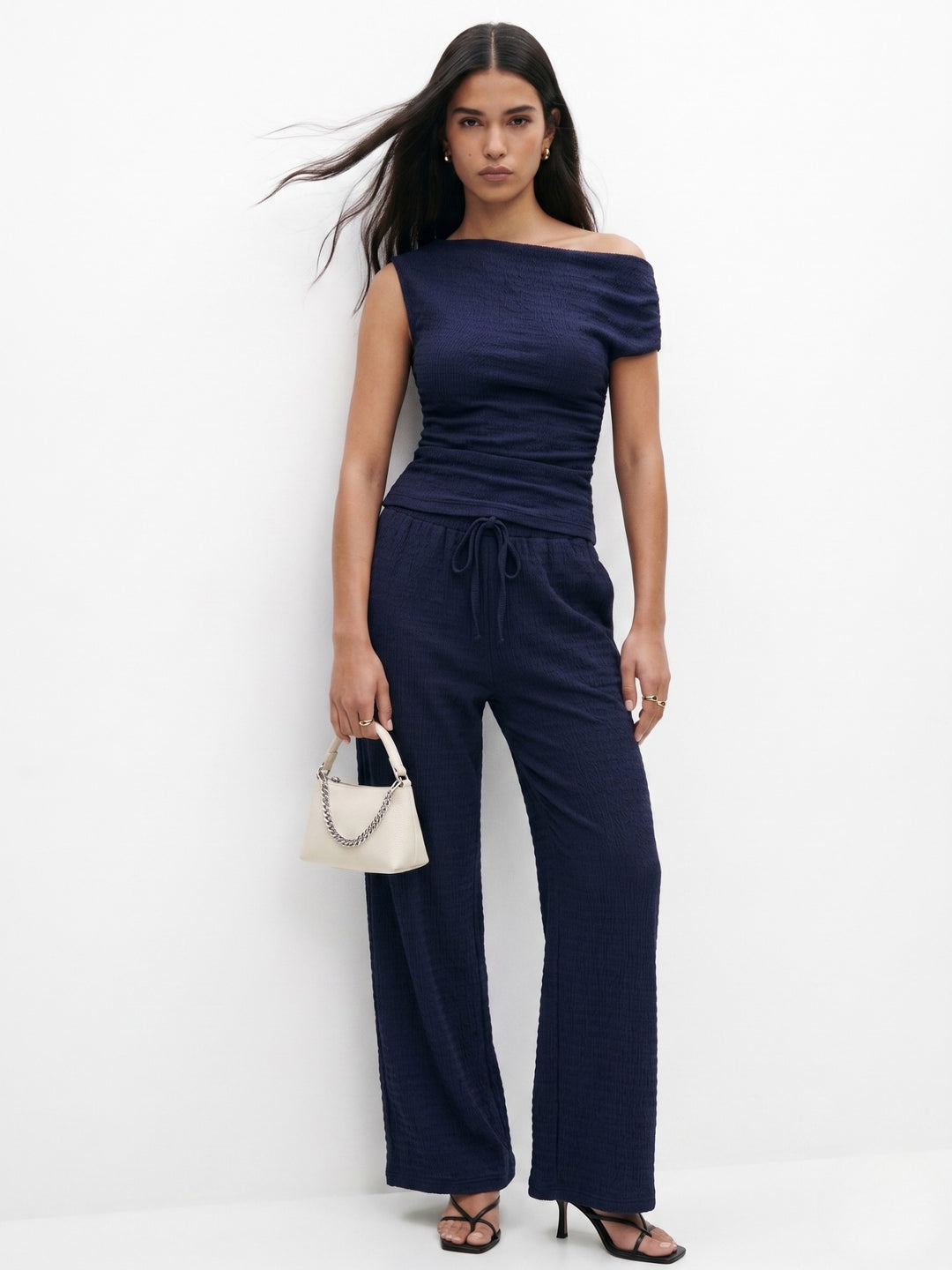 Navy Blue One Shoulder Top And Pant Set