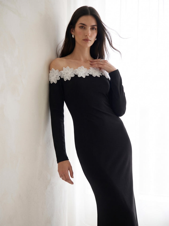 Black Off-Shoulder Fitted Dress With Neck Floral Lace Detail