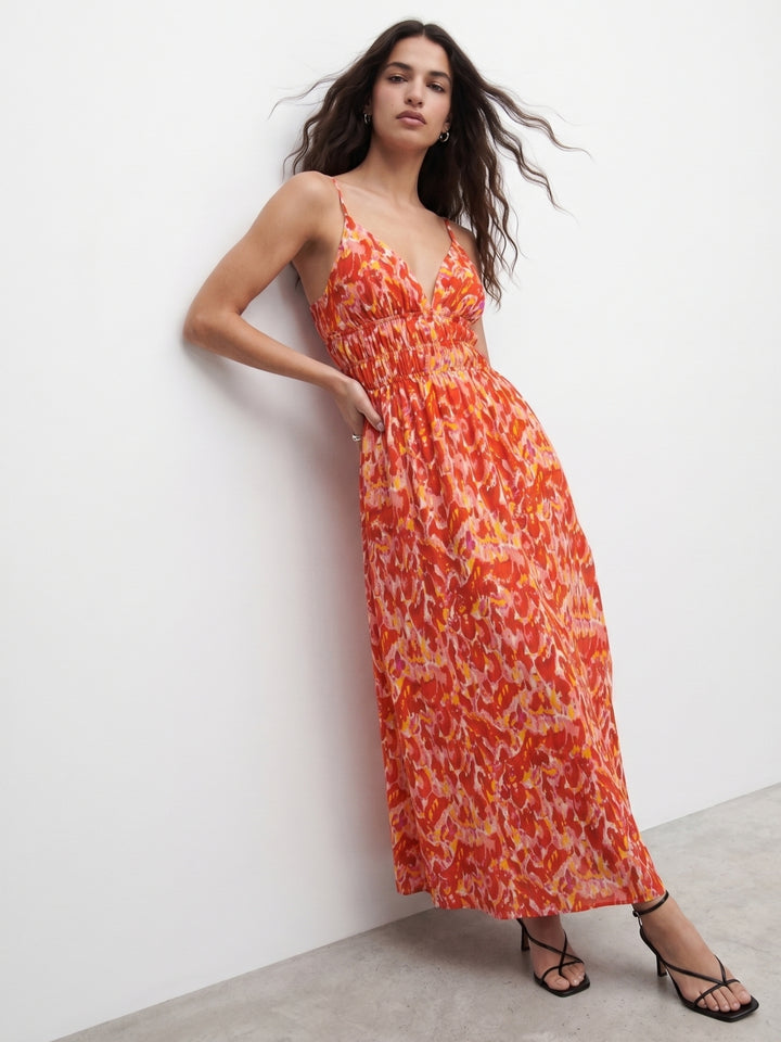 Orange Spaghetti Strap Printed Dress