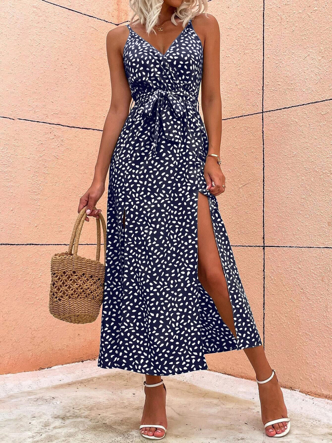 Navy Blue Strappy Midi Dress With High Slit