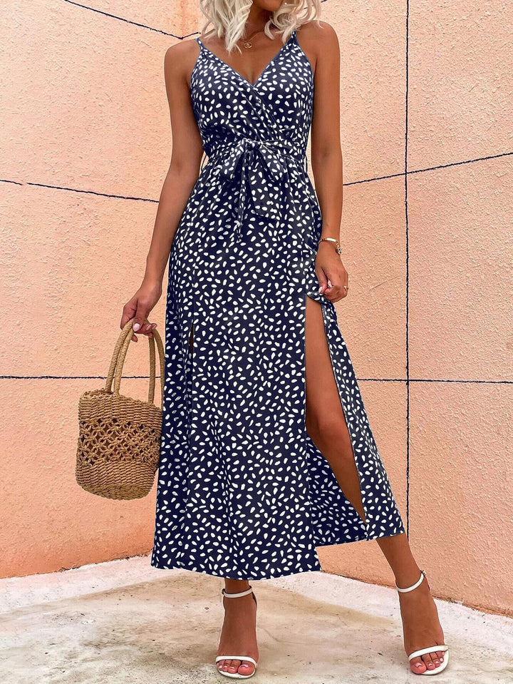 Navy Blue Strappy Midi Dress With High Slit