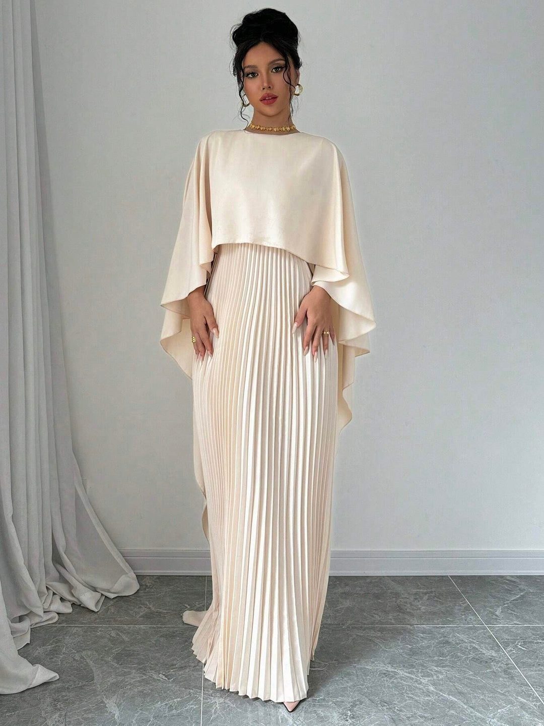 Cream Crew Neck Coverup Pleated Dress