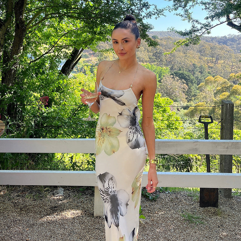 Offwhite Floral Print Back Tie Up Slip Maxi Dress