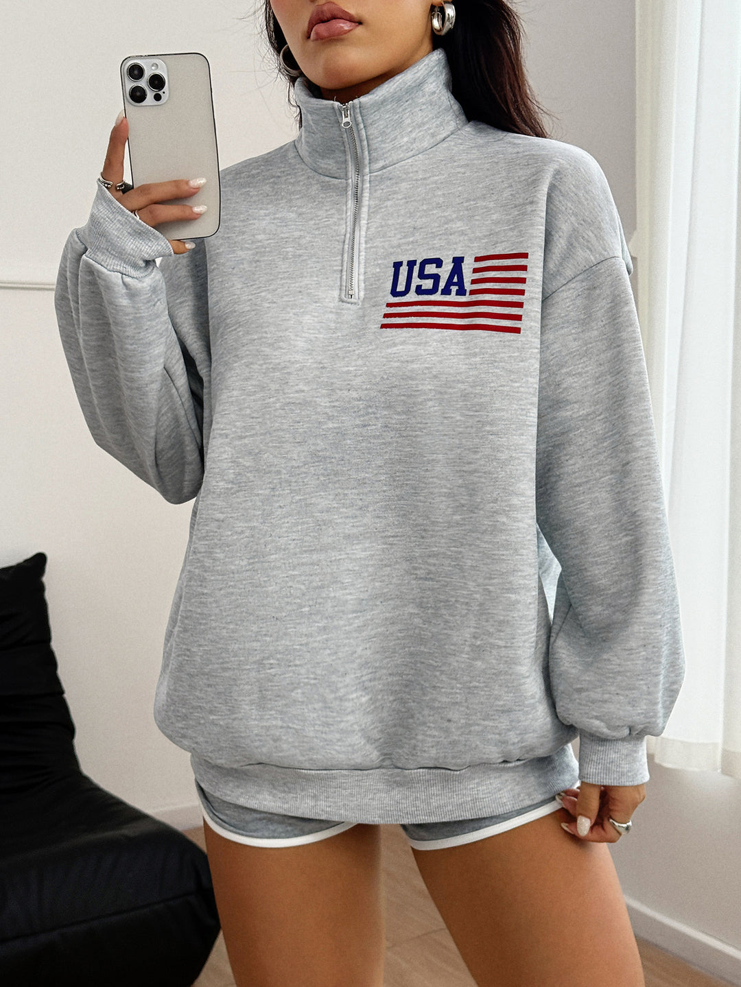 Grey Full Sleeve High Neck Graphic Print Sweatshirt