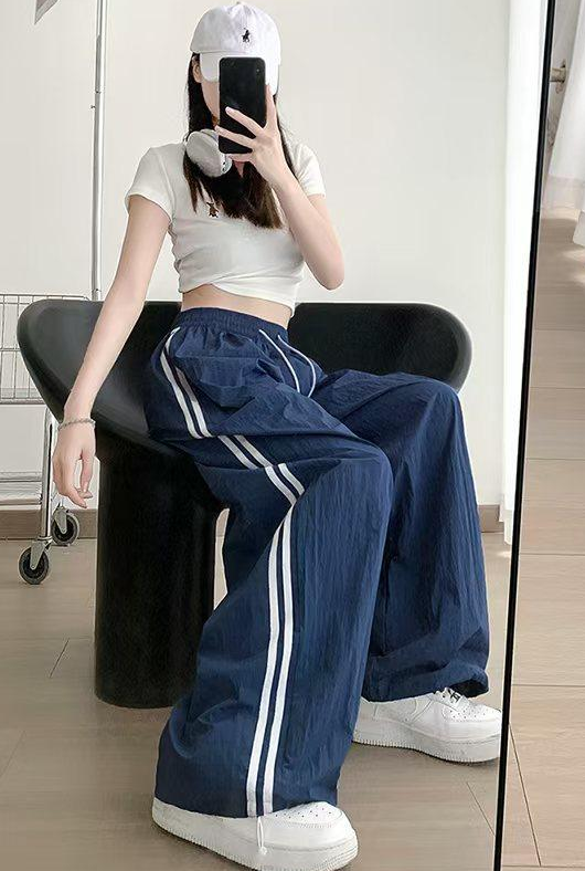 Navy Blue Wide Leg Drawstring Stripe Joggers