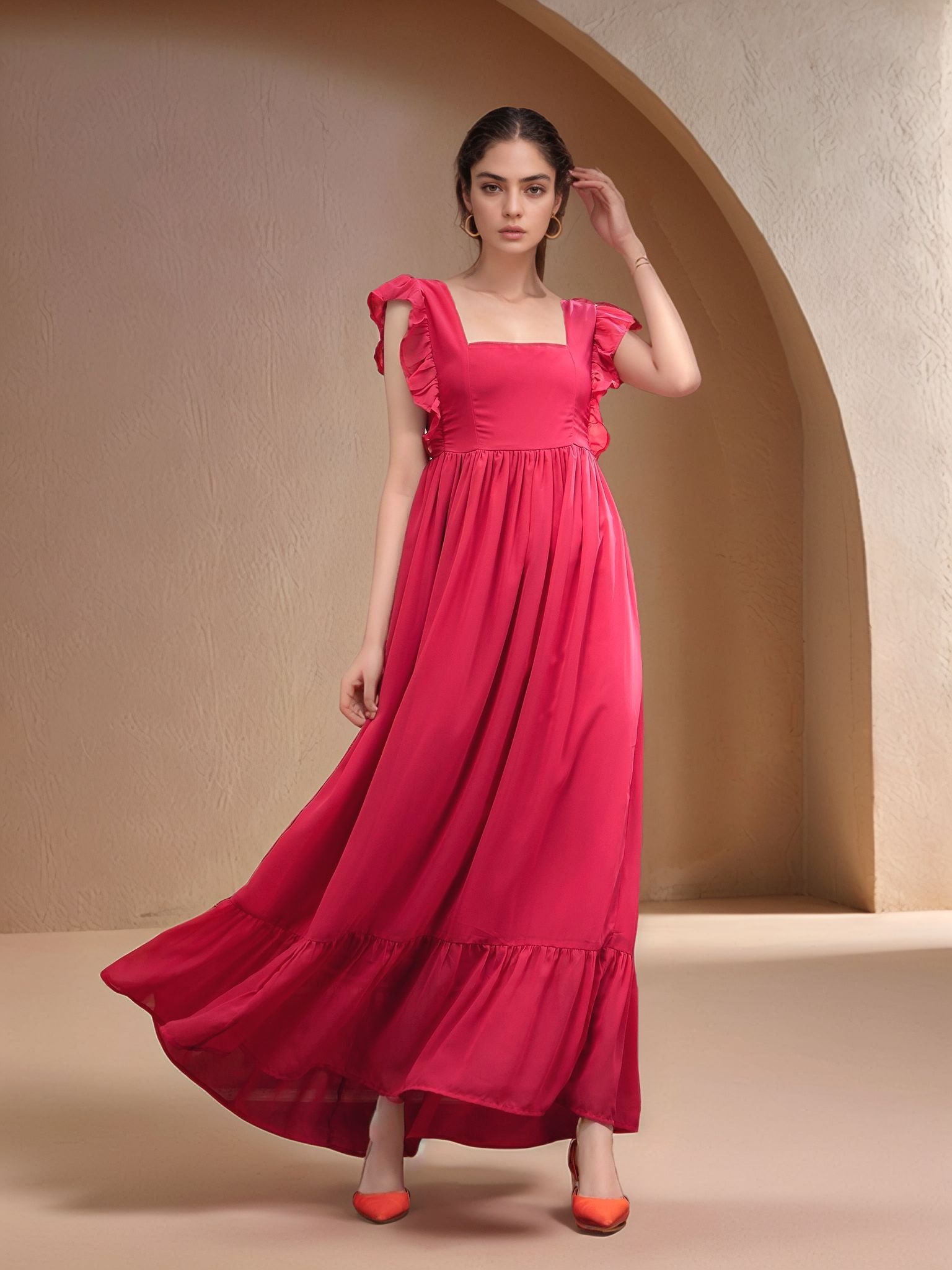 Fuchsia Ruffle Sleeve Back Tie-Up Printed Dress