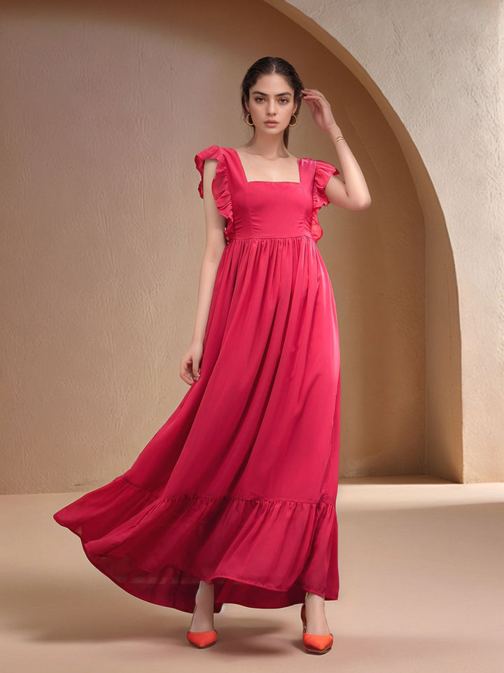Fuchsia Ruffle Sleeve Back Tie-Up Printed Dress