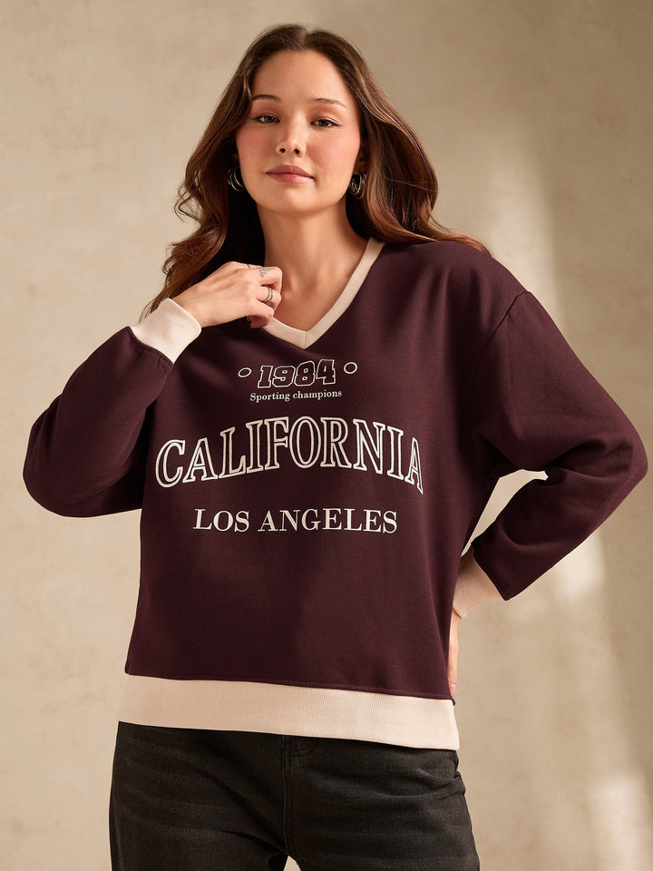 Brown Contrast Neck Graphic Russian Fleece Pullover
