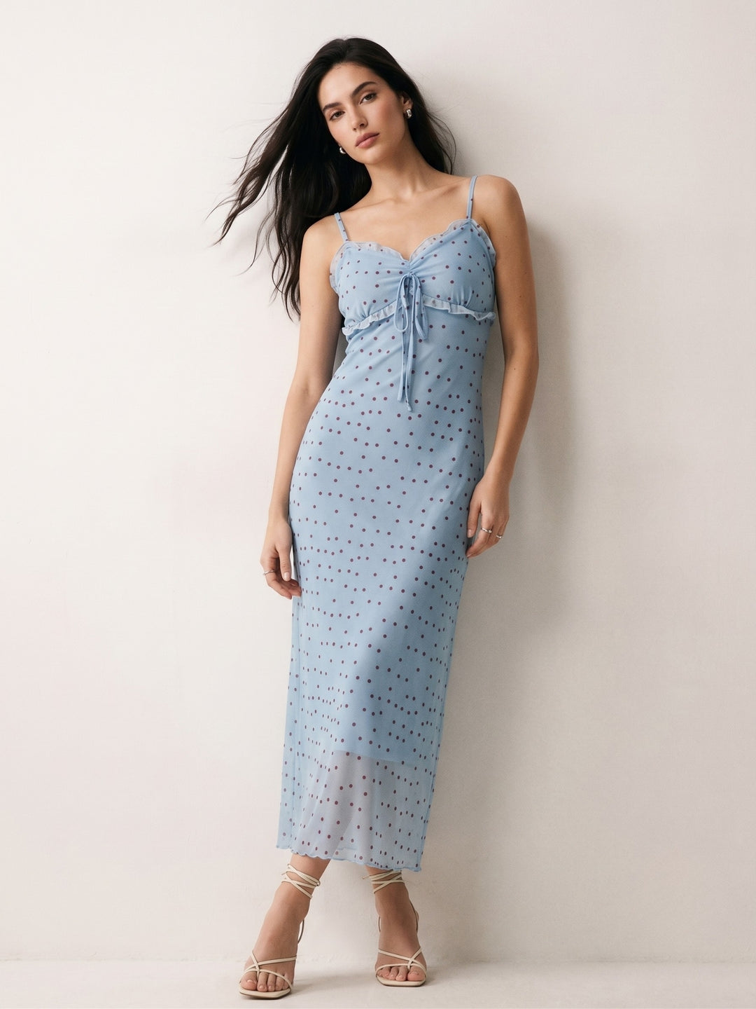 Light Blue Sweetheart Neckline Polka Dotted Dress