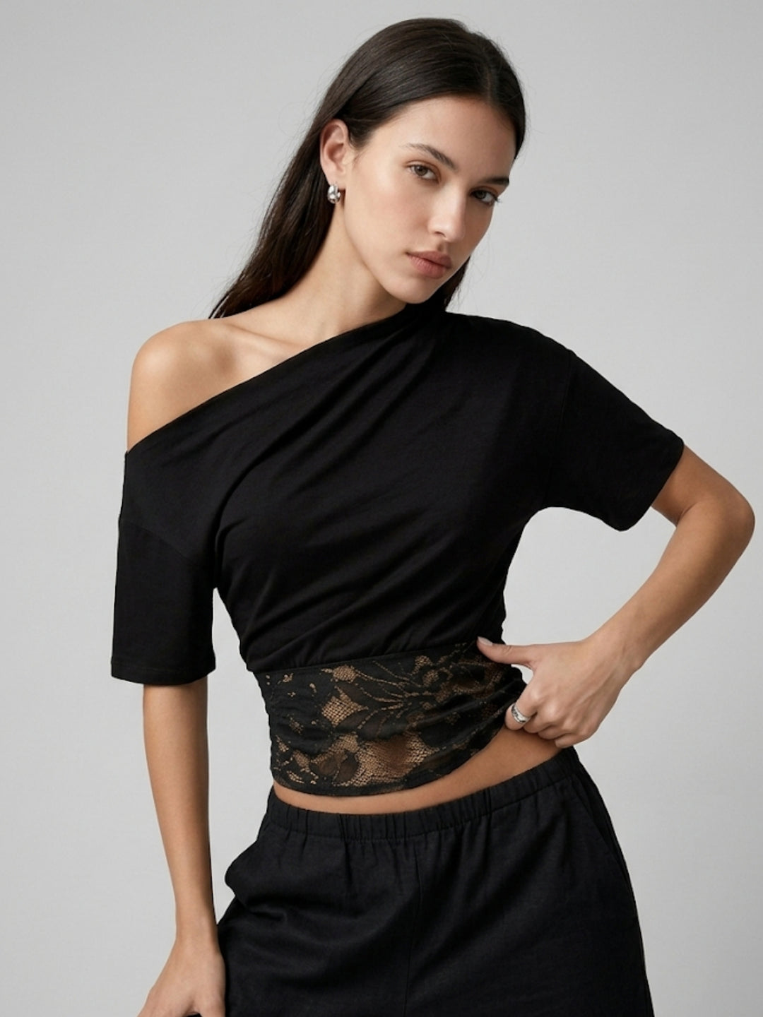 Black Twofer Style Off-Shoulder Top With Lace