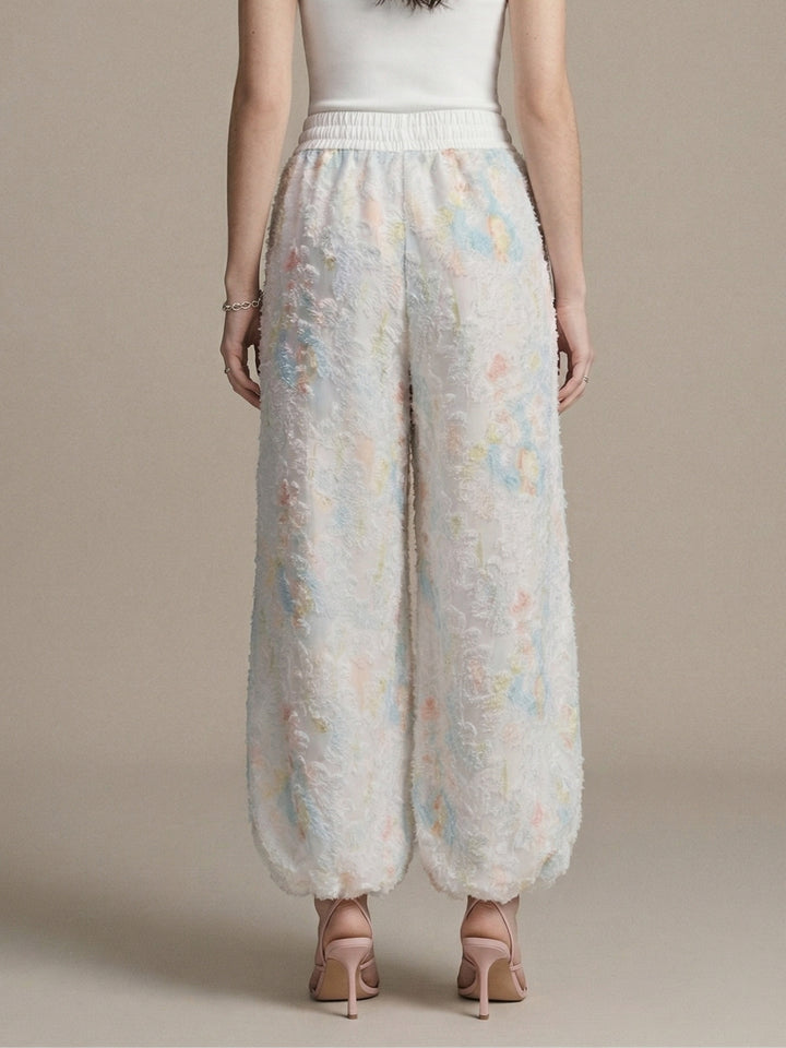 White Floral Textured Printed Pant