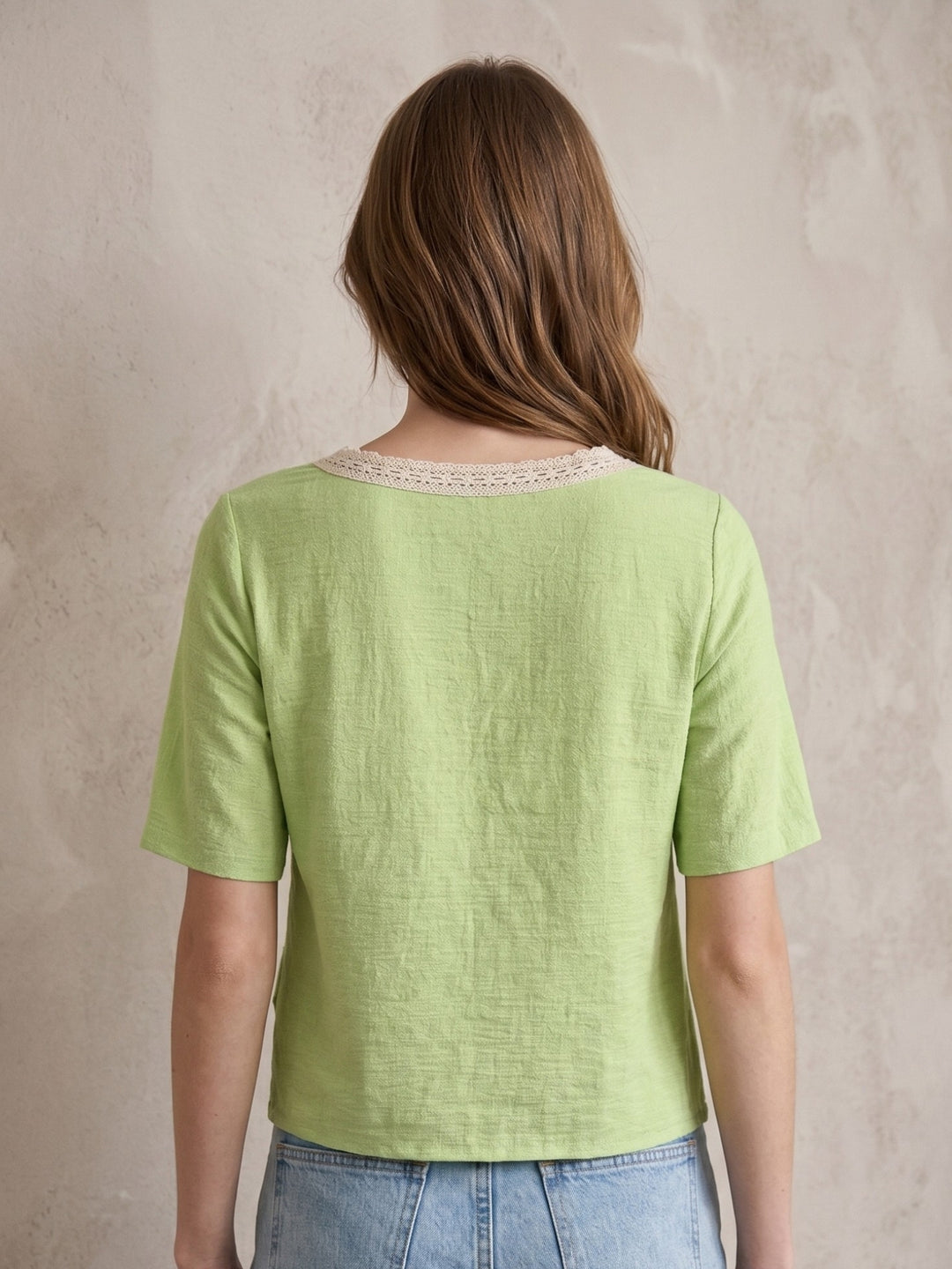 Green Relaxed Top With Lace Inserted Neck Line