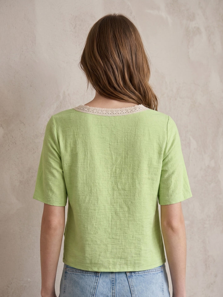 Green Relaxed Top With Lace Inserted Neck Line
